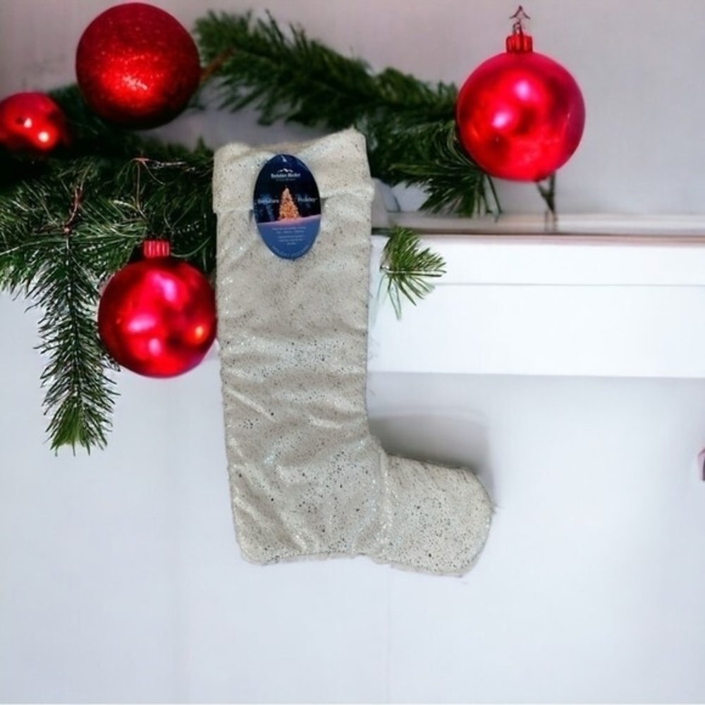 Berkshire Christmas Stocking 19" Glitter Hooked White Silver NWT